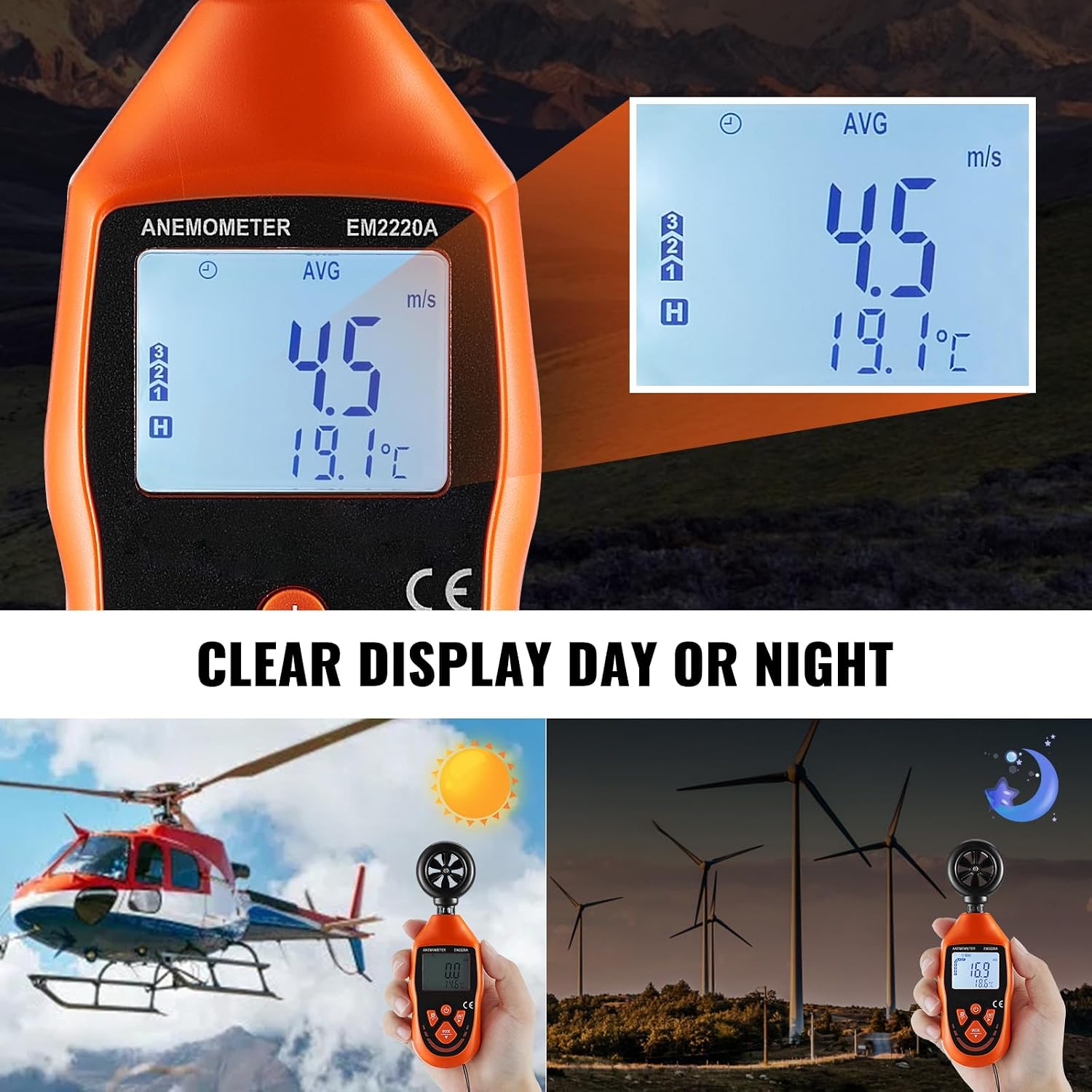 Happybuy Handheld Anemometer, 14℉-113℉, Digital Wind Speed Meter Gauge with LED Backlight Screen, Measures Wind Velocity Wind Temperature Air Flow Wind Chill, for Sailing Surfing Drone Flying HVAC