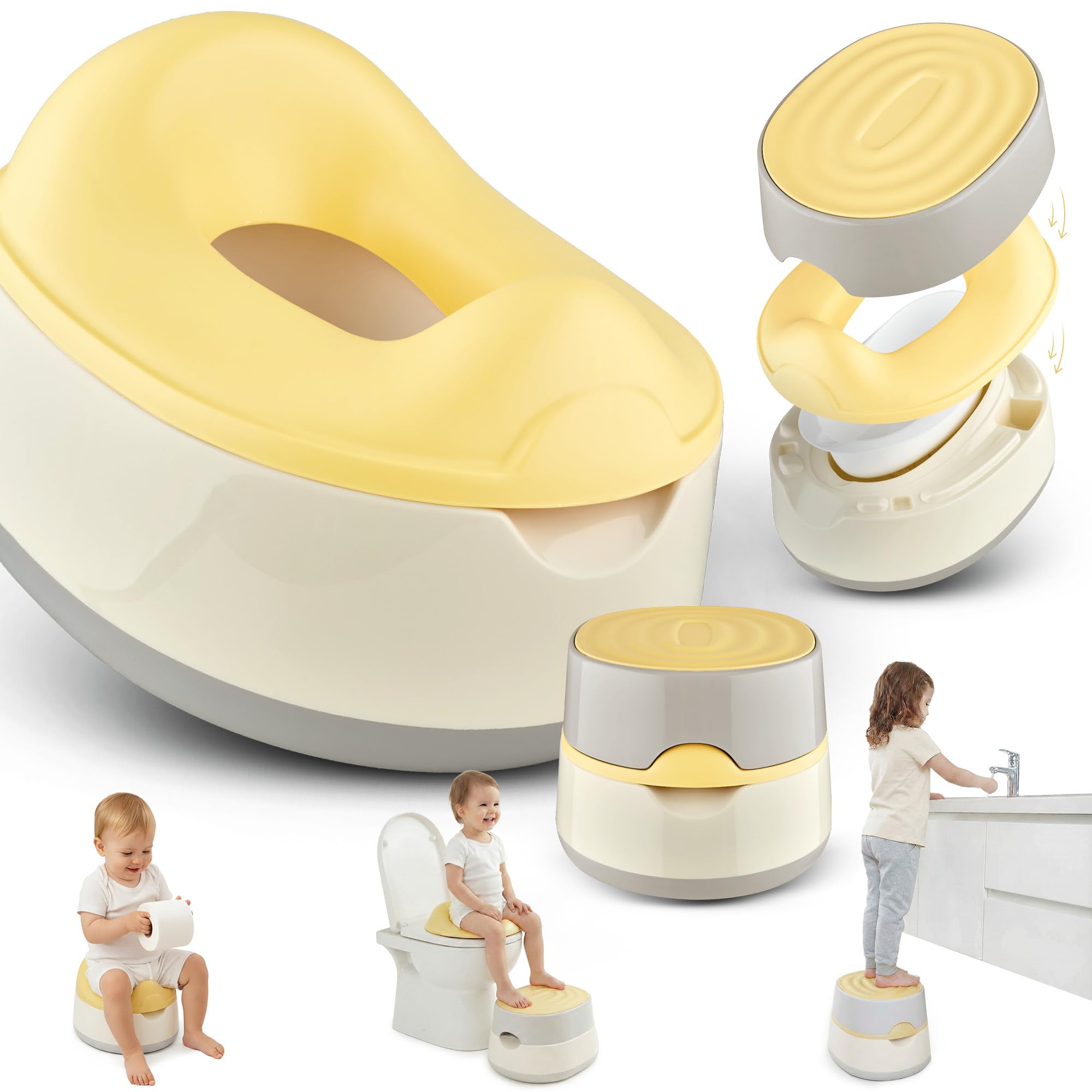 Merle Toys® 3in1 Töpfchen für Kinder, Toilette TÜV getestet, BPA Frei, Baby Potty Training Toilet, Baby Töpfchen ab 1 Jahr, Kindertoilette+Toilettensitz Kinder+Hocker, EASY CLEANING, Grau/Gelb