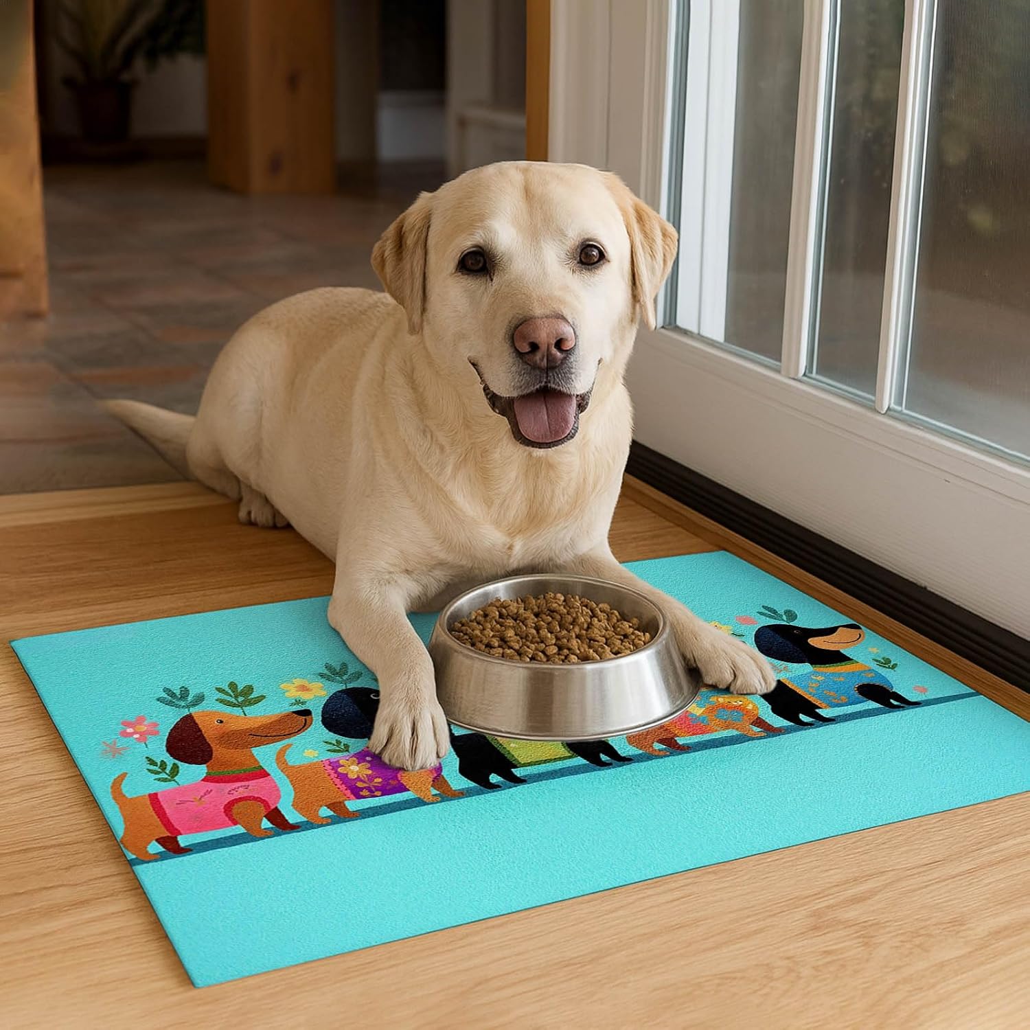 HOMETITUTE Cute Dachshund Dog Bowl Mat 24x16 Inch Non Slip Pet Bowl Placemat with Rubber Backing Reusable Meal Liner for Food and Water Indoor Supplies for Puppy Feeding Mat
