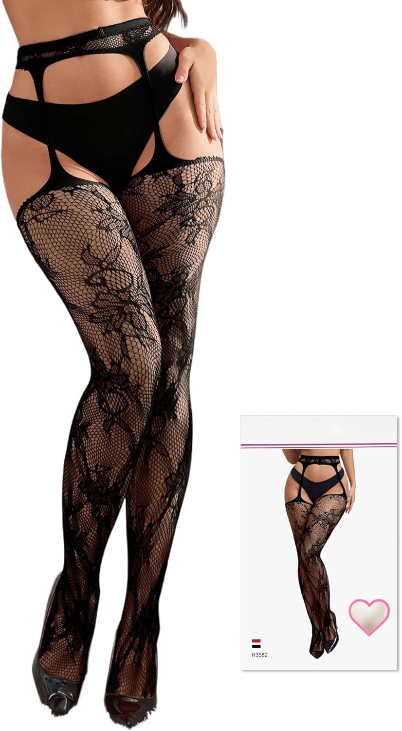 Women's Suspender Tights Fishnet Stockings Sexy Pantyhose with Garter Belt Floral Plus Size XS-5XL - Image 5