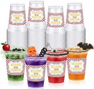 LemonRoad 50 Pcs Carnival Circus Party Plastic Cups Bulk 12oz Circus Theme Clear Disposable Cups Drinking for Welcome to Carnival Birthday Party Decorations Supplies
