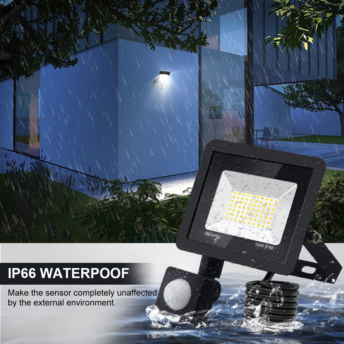 4 Stück 50 W LED-Strahler mit Bewegungsmelder, 5000 lm, LED-Außenstrahler mit Detektor, Kaltweiß (6000 K), wasserdicht, IP66, LED-Außenstrahler für Sicherheit, Garage, Flur