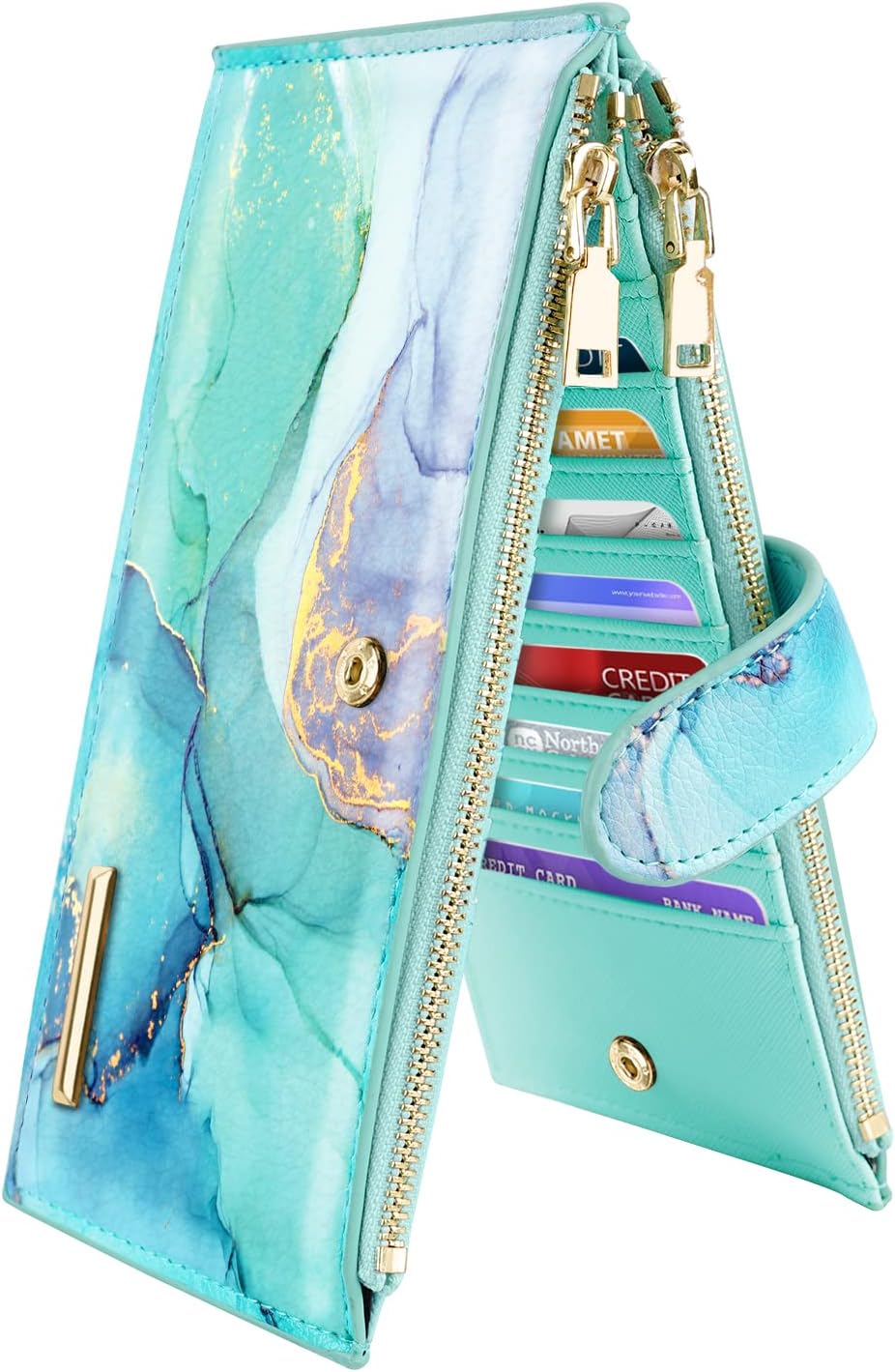 Coco Rossi Womens RFID Blocking Large Capacity Wallet Multi Card Organizer Bifold Wallet for Women with Zipper Pocket,Green Marble