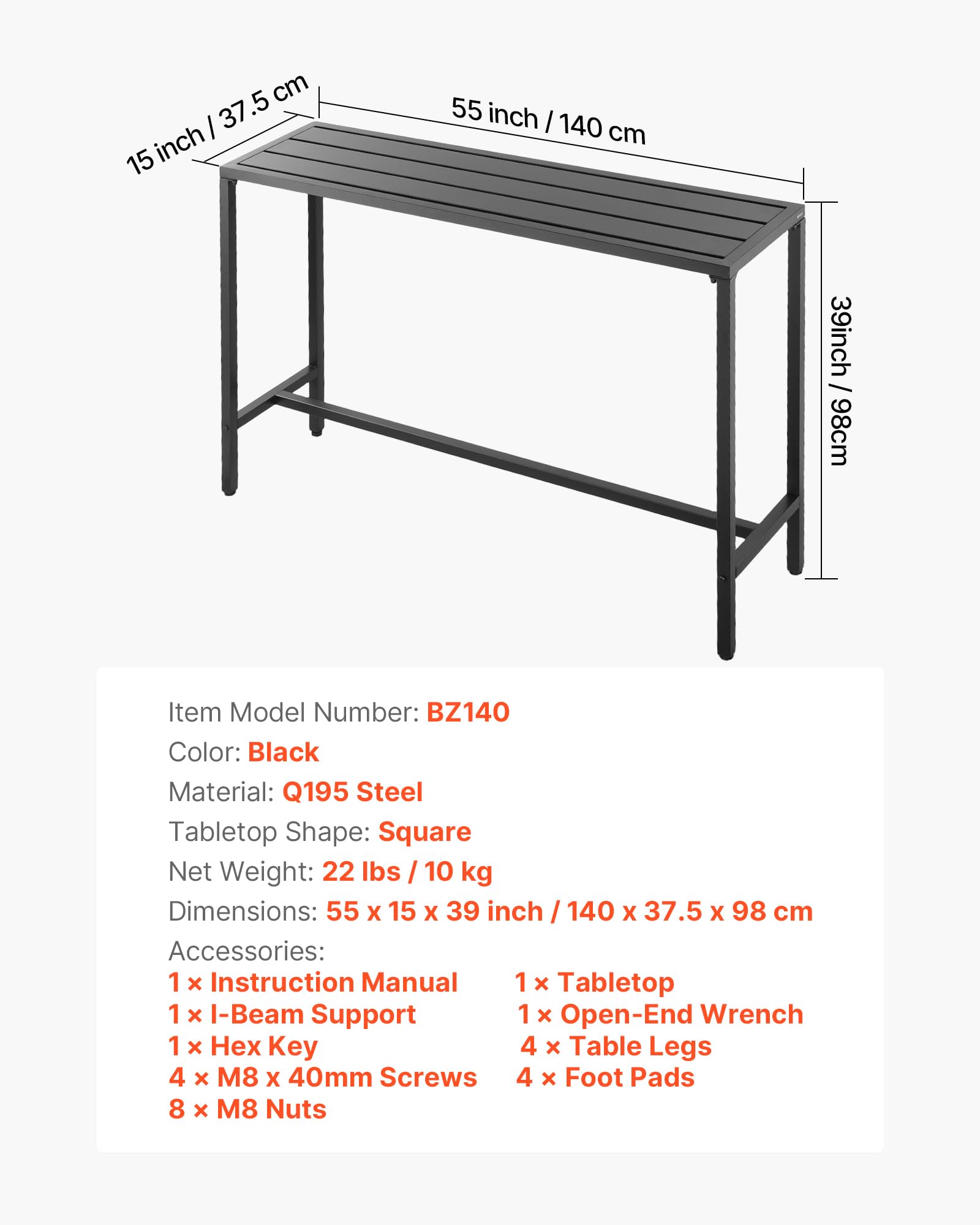 VEVOR Table de Bar Haute Extérieur, 140 x 37,5 cm, Table à Manger Rectangulaire, avec Plateau Étanche, Structure en Métal Robuste, Mobilier de Jardin pour Patio, Terrasse, Bord de Piscine, Intérieur