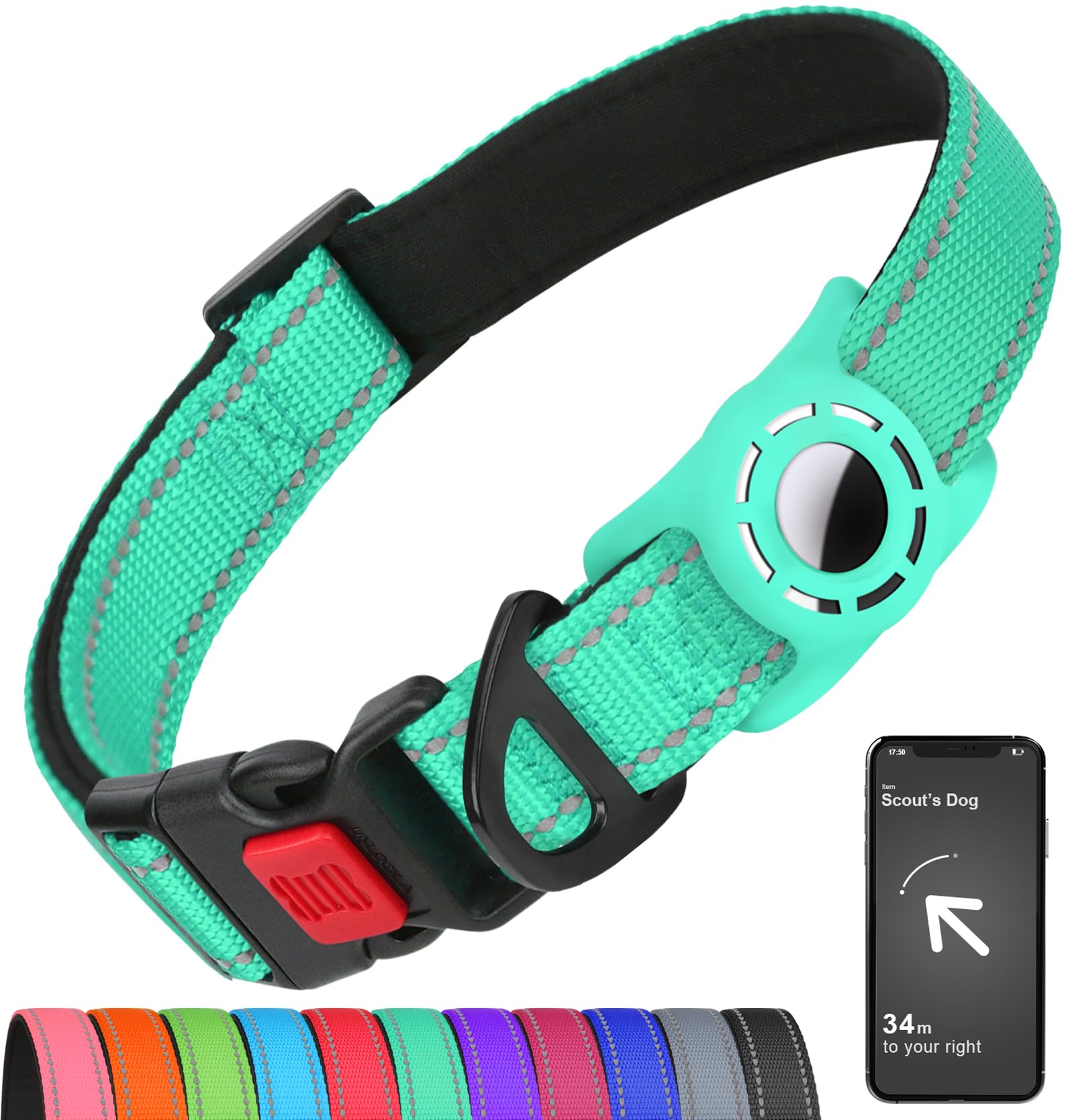 Airtag Collare per cani di taglia media, collare riflettente per cani con supporto AirTag, morbido imbottito e fibbia di sicurezza, collare in nylon regolabile per tutte le razze, verde acqua