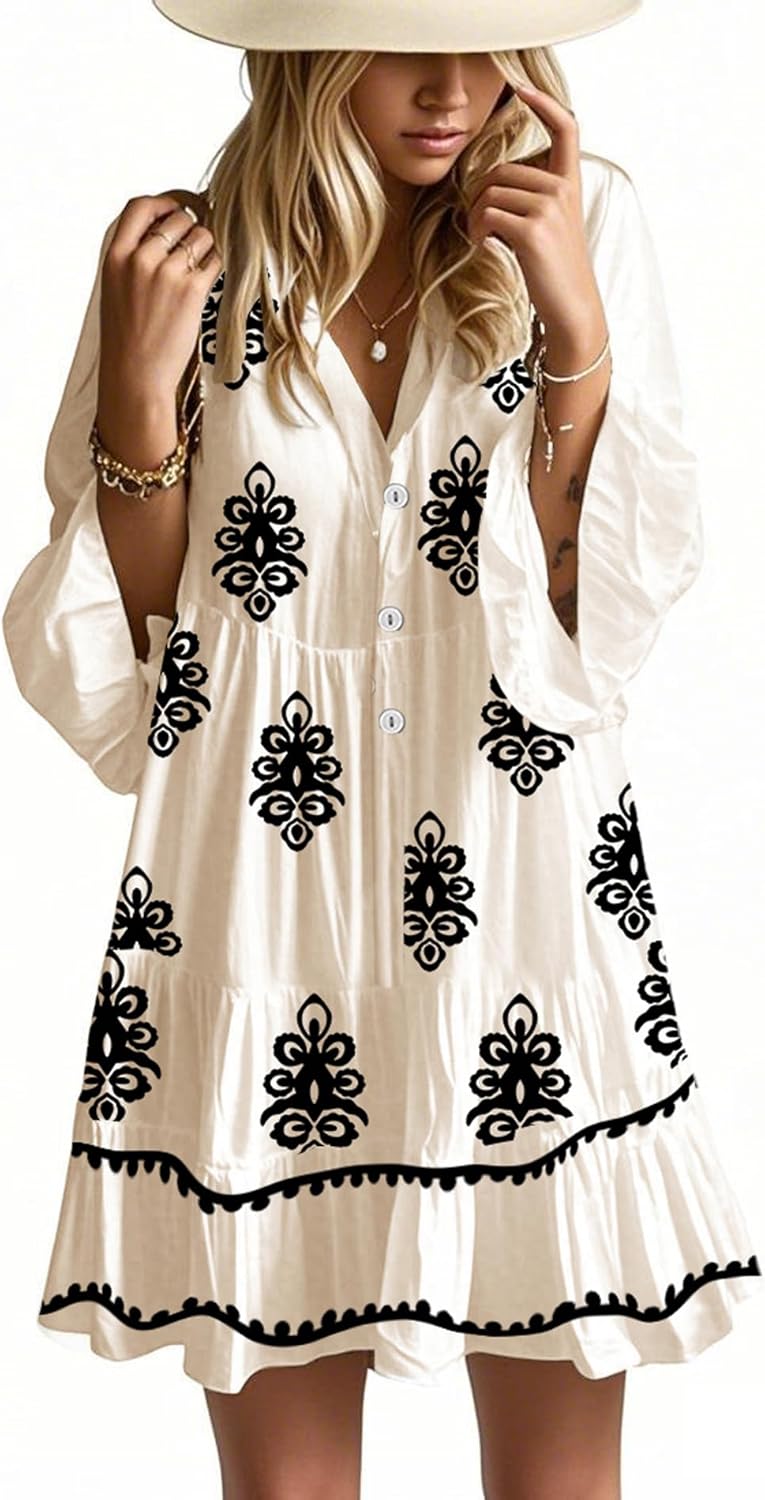 Summer Dresses for Women 2026 Flowy Ruffle 3/4 Sleeve V Neck Tiered Casual Babydoll Boho Beach Mini Dress