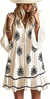 Summer Dresses for Women 2025 Flowy Ruffle 3/4 Sleeve V Neck Tiered Casual Babydoll Boho Beach Mini Dress