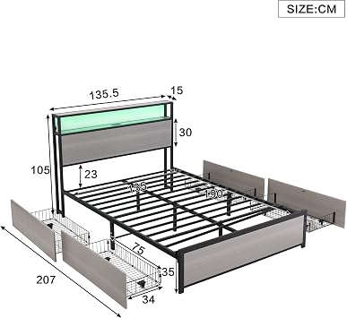 Miyemo Double Bed Frame with Storage Drawers, 4ft6 Metal Bed with LED-Lights and Charging-Ports, Multifunctional Wrought Iron Bed for Adults & Teenagers, 135 * 190cm, Grey, (No Mattress)