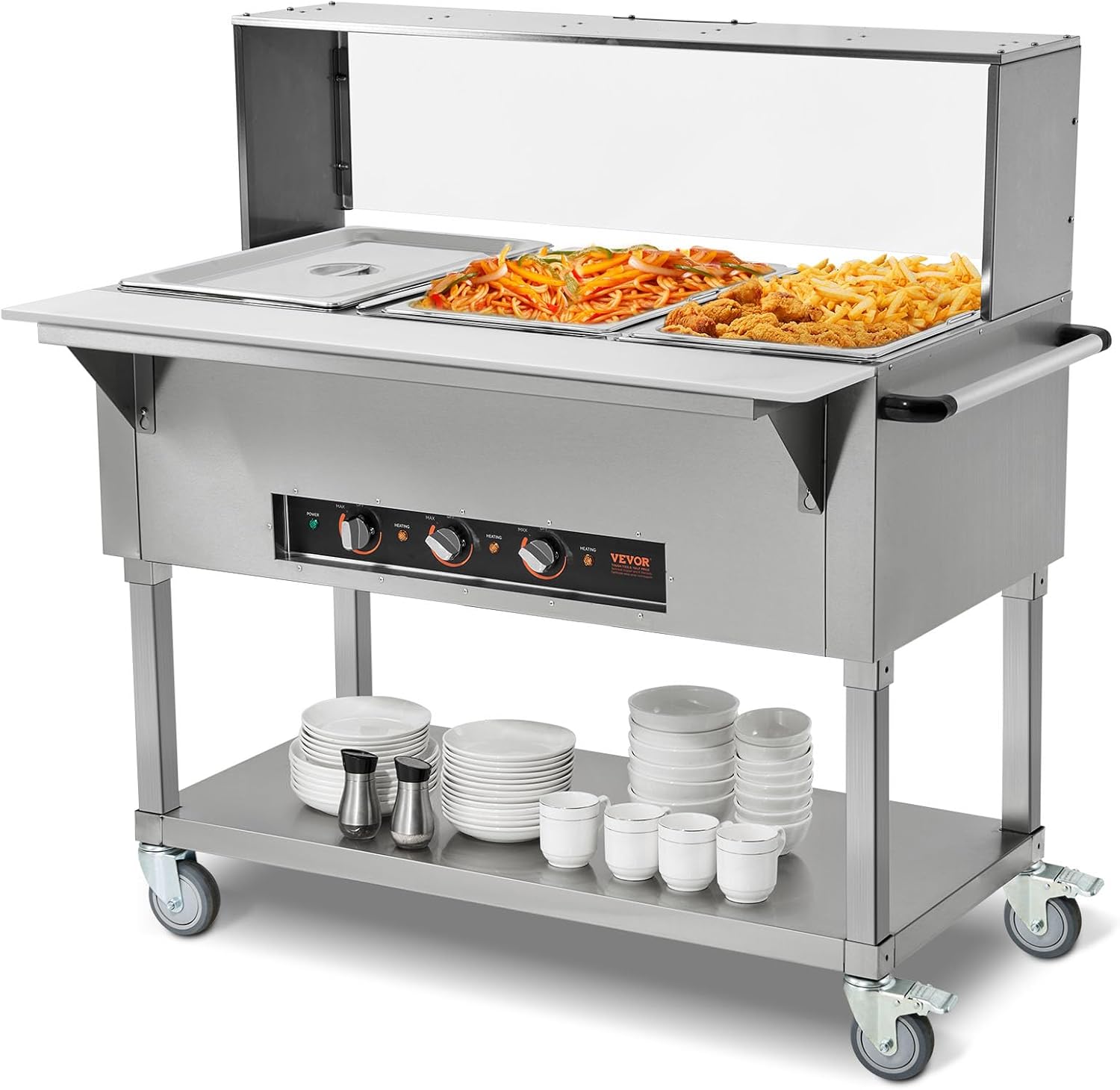 VEVOR 3-Pan Commercial Food Warmer, 3 x 20.6QT Electric Steam Table, 1500W Professional Buffet Catering Food Warmer with Acrylic Sneeze Guard, Food Grade Stainless Steel Server for Party Restaurant MDC-3C 3 Pot 45.3 x 29.5 x 45.7 Inch with Guard
