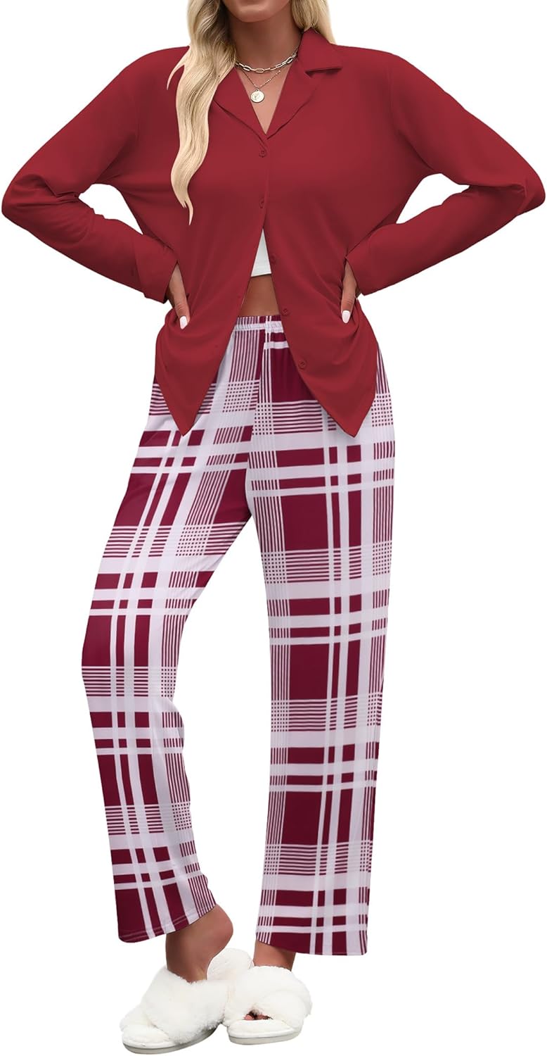 Ekouaer Women's Pajamas Sets Button Down Long Sleeve Lounge Sets Soft 2 Piece Pants Sleepwear
