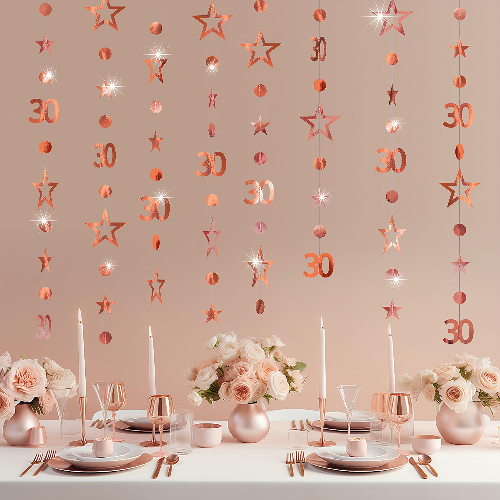 Zhiaek 12m 30th Birthday Decorations Rose Gold 30th Birthday Banner Number 30 Circle Dot Star Garland Paper Decorations Hanging for Holiday Wedding Anniversary Theme Party Supplies