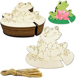 30 Pack 4 Inch Unfinished Wood Frog Shape Animal Craft Wooden Frog Shaped Hanging Ornaments with Hole Hemp Ropes for Easter Spring Party Decoration