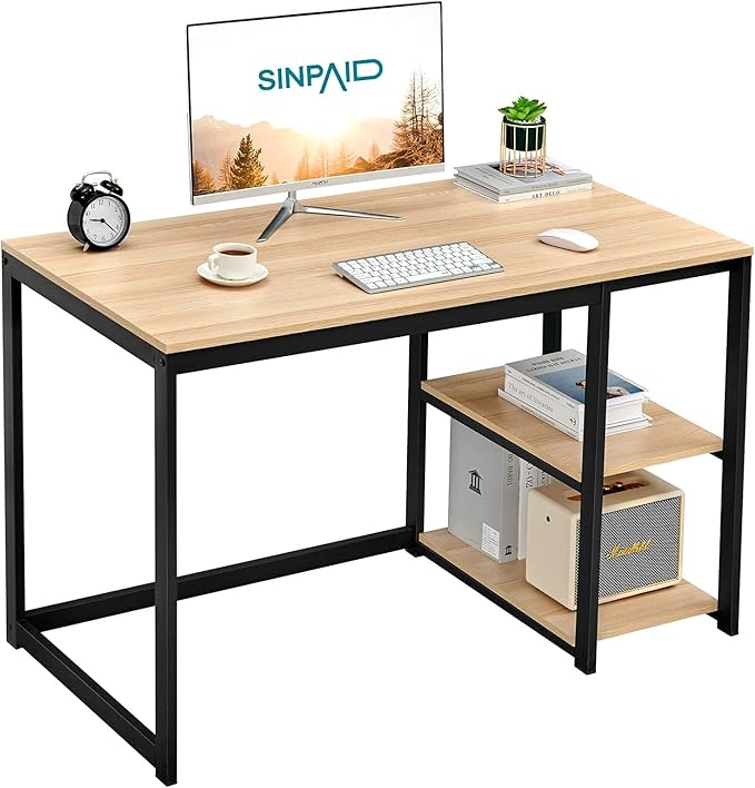 Amazon.com: SINPAID Computer Desk 47 inches with 2-Tier Shelves Sturdy ...