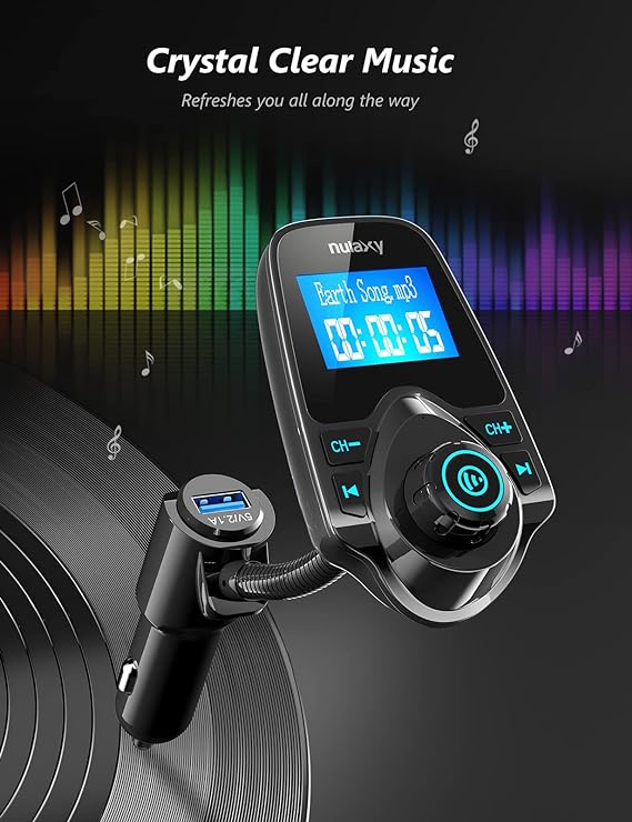 Nulaxy KM18 Bluetooth 5.4 Car Adapter with 1.44 Clear Display & Flexible Gooseneck - FM Radio Transmitter & Bluetooth Receiver for Hands-Free Calls, Wireless Music via BT/FM/AUX/TF, USB Car Charger