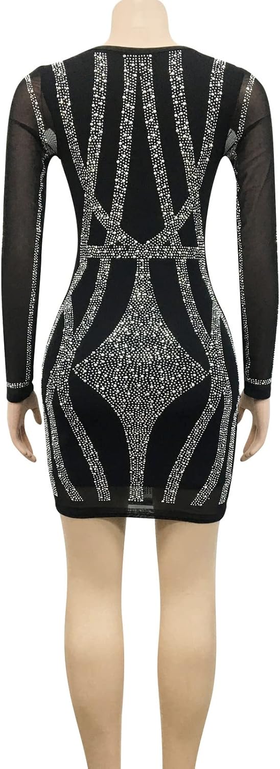 Sexy Rhinestone Crystal Mesh Patchwork Sheer Bodycon Dress Womens See-Through Birthday Clubwear Dresses - Image 4