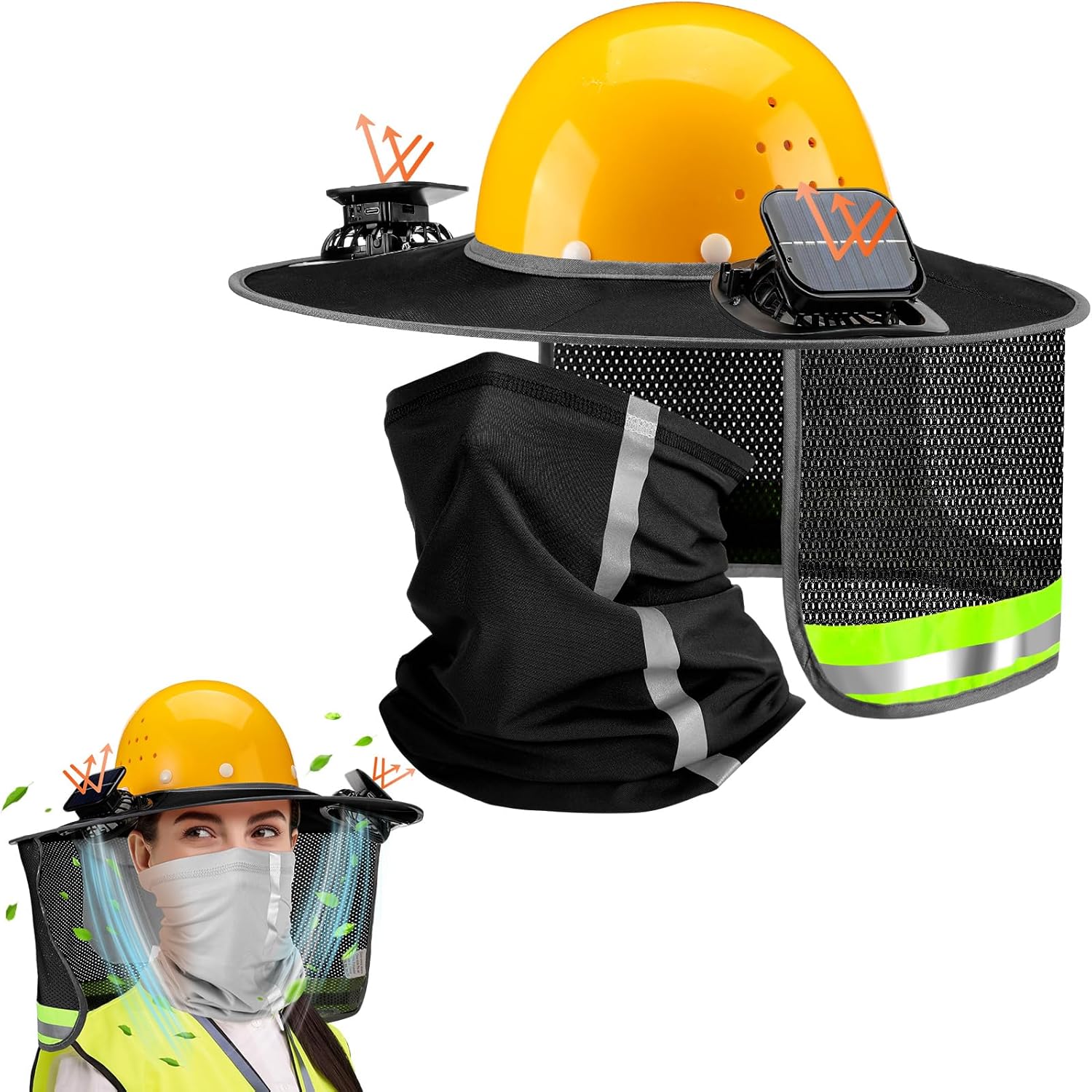 1 Set Sun Hard Hat Shade Full Brim Hard Hat Sun Visor with Solar Fans and Neck Sunshade Cover High Visibility Full Brim Mesh with Reflective Strip, Summer Protection Accessories(Black)