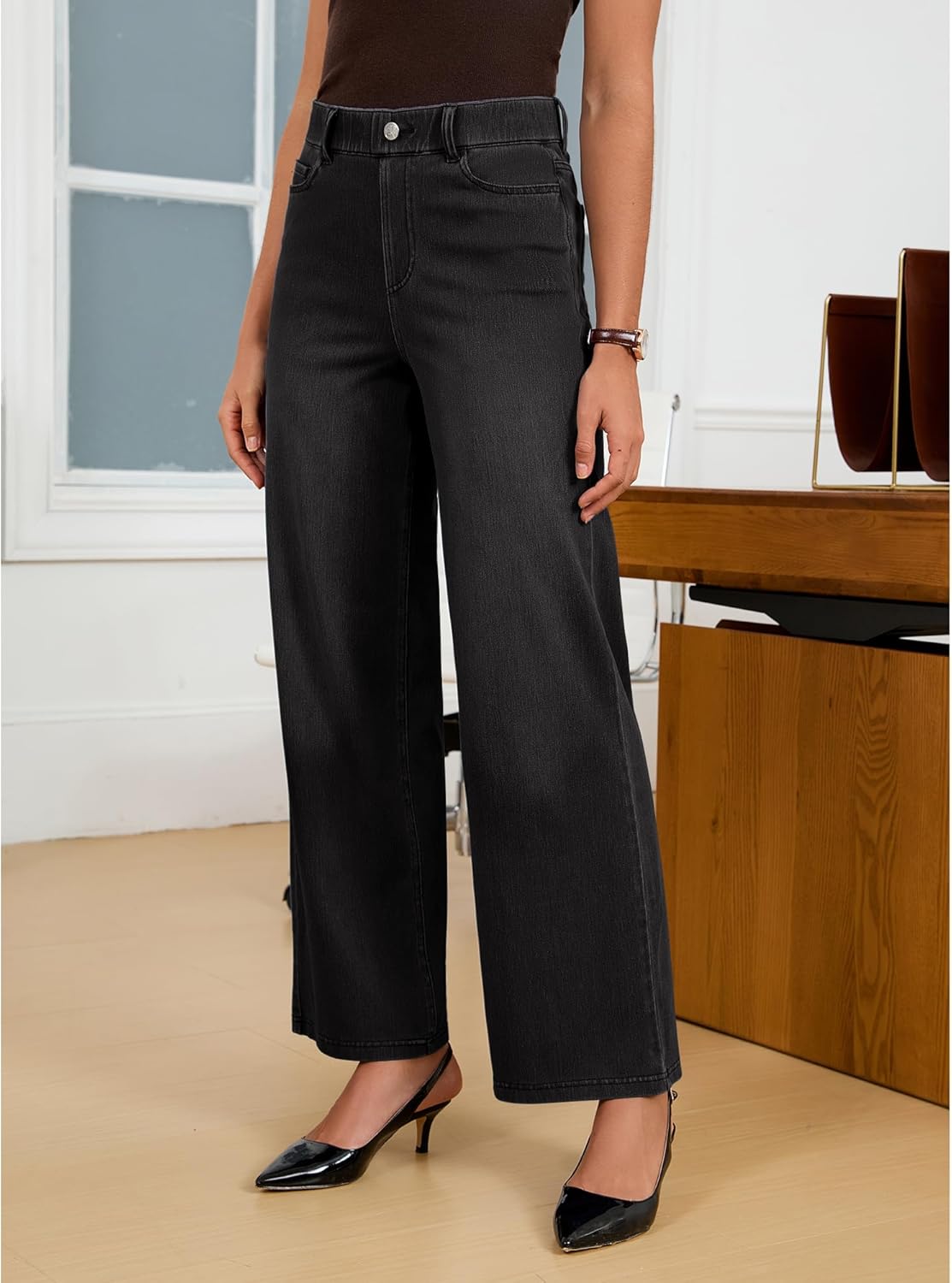 GRAPENT Wide Leg Jeans for Women High Waisted Trendy Pull On Elastic Waist Soft Stretchy Denim Pants Sweatpant Jeans - Image 2