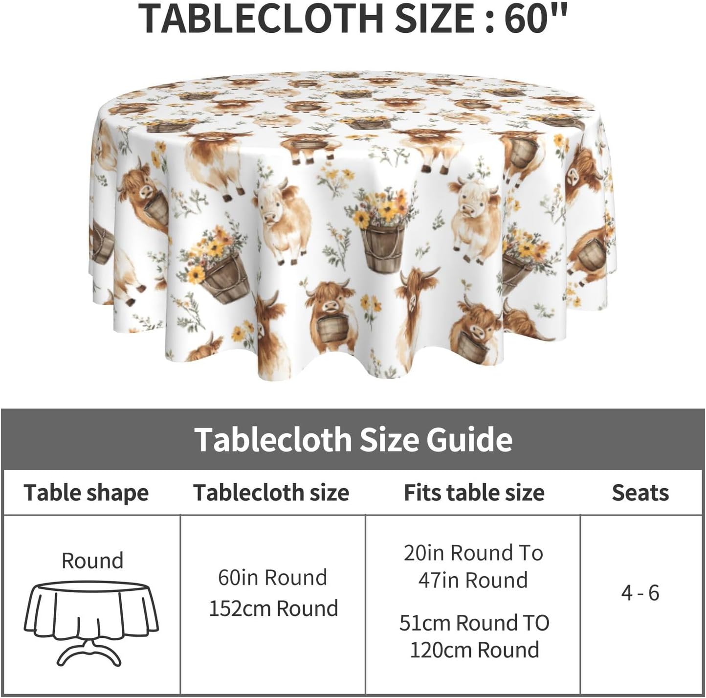 Famame Highland Cow Wooden Barrel Round Tablecloth 60 inch Table Covers Stain Winkle Resistant Washable Tablecloths for Kitchen Indoor Outdoor Party image 5