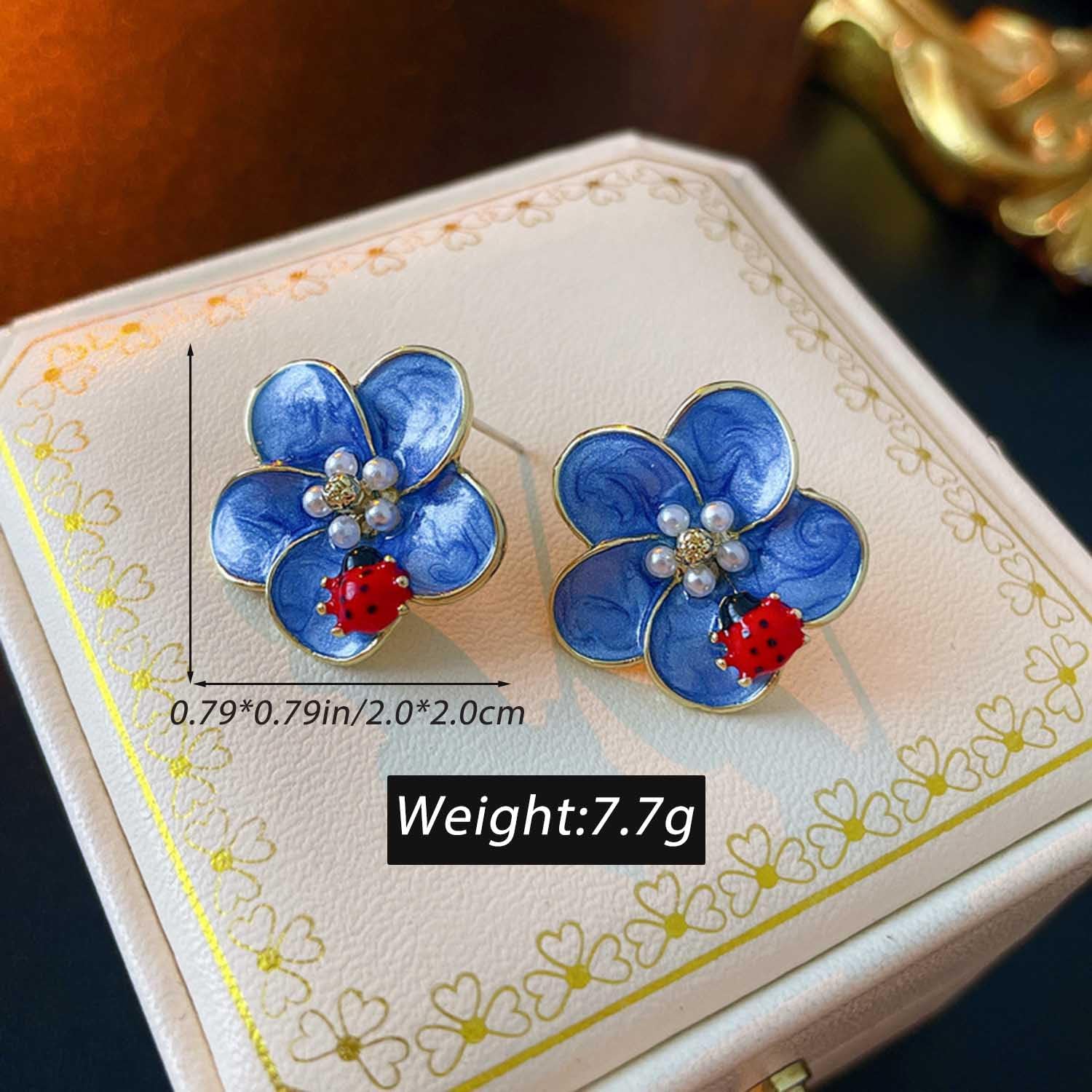 Boho Flower Stud Earrings Blue Petal Sapphire Earrings Vintage Daisy Floral Enamel Earrings Gemstone Flower Statement Earrings Bridal Jewelry for Women - Image 6