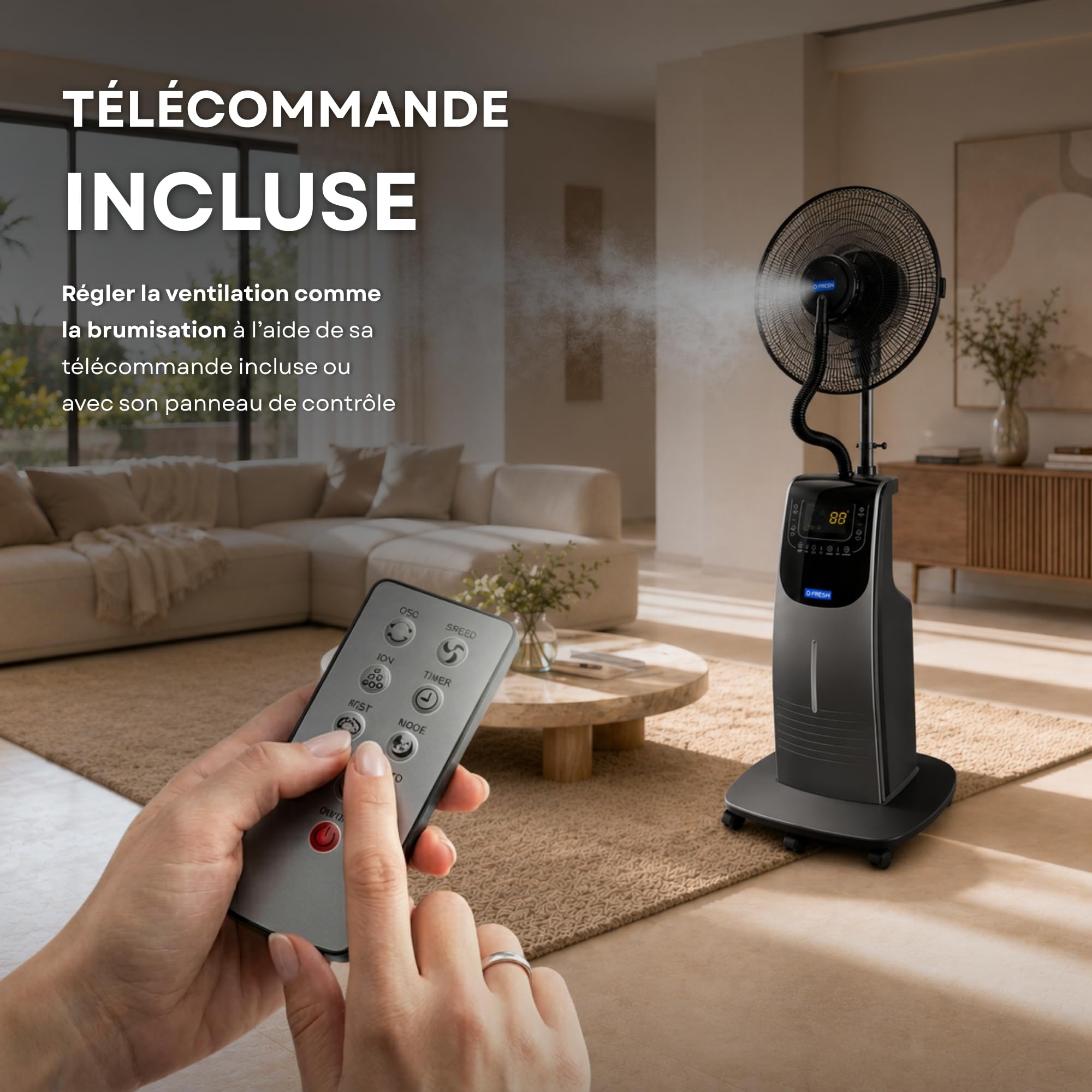 O’FRESH Ventilateur Brumisateur Intérieur sur Pied 135 cm - Rafraîchissement Puissant - Anti-moustique intégré - Autonomie 14h - Ioniseur d’air - Télécommande - Conçu en France
