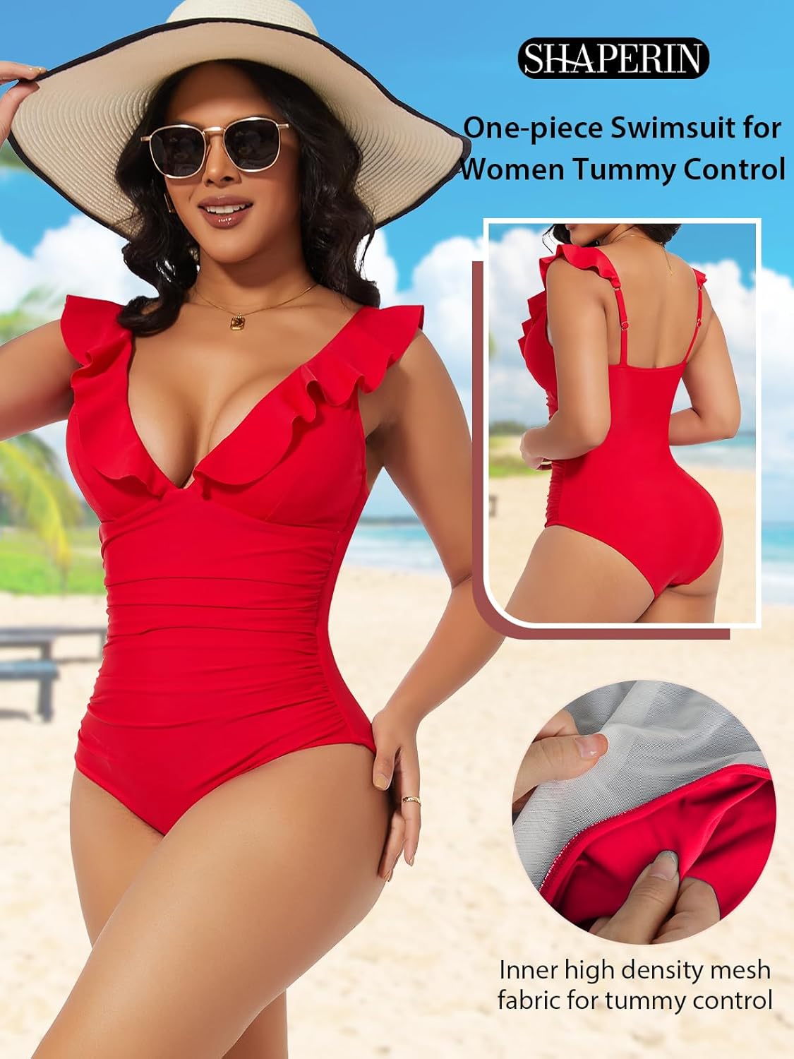 SHAPERIN Women's Ruffle One Piece Swimsuits Tummy Control Bathing Suit Sexy V Neck Swimwear Adjustable Straps