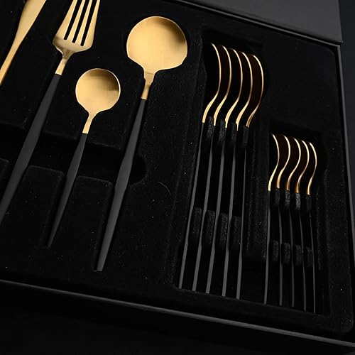 Miniatura 6 de JASHII Juego de cubiertos con mango negro dorado 24 para 6 personas, juegos de regalo con caja premium, juego de cubiertos de acero inoxidable,