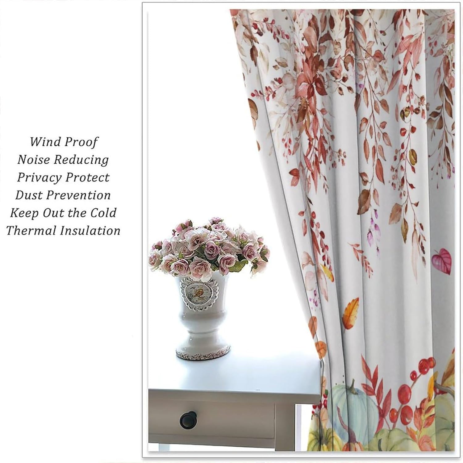 Fall Kitchen Curtains Thanksgiving Day Leaves Pumpkin Autumn Retro Vintage Farmhouse Window Treatments for Kitchen Living Room Bedroom Drapes 2 Panels 42x45 Inch