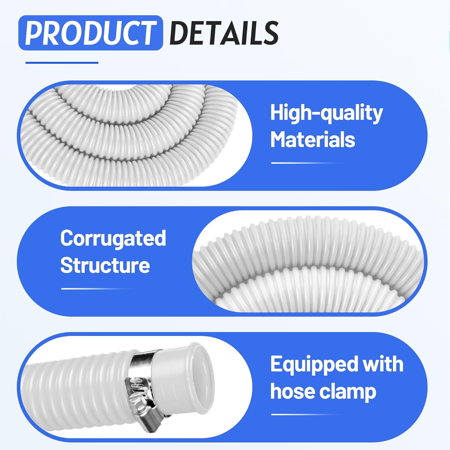 1.25" x 59" Above Ground Pool Hose Replacement - Heavy Duty Pool Filter Pump Hoses - for Intex 607, 637, 330, 530, 1000 GPH Filter Coleman Pumps - (6 Metal Clamps+ 3 Pck Pool Hose)