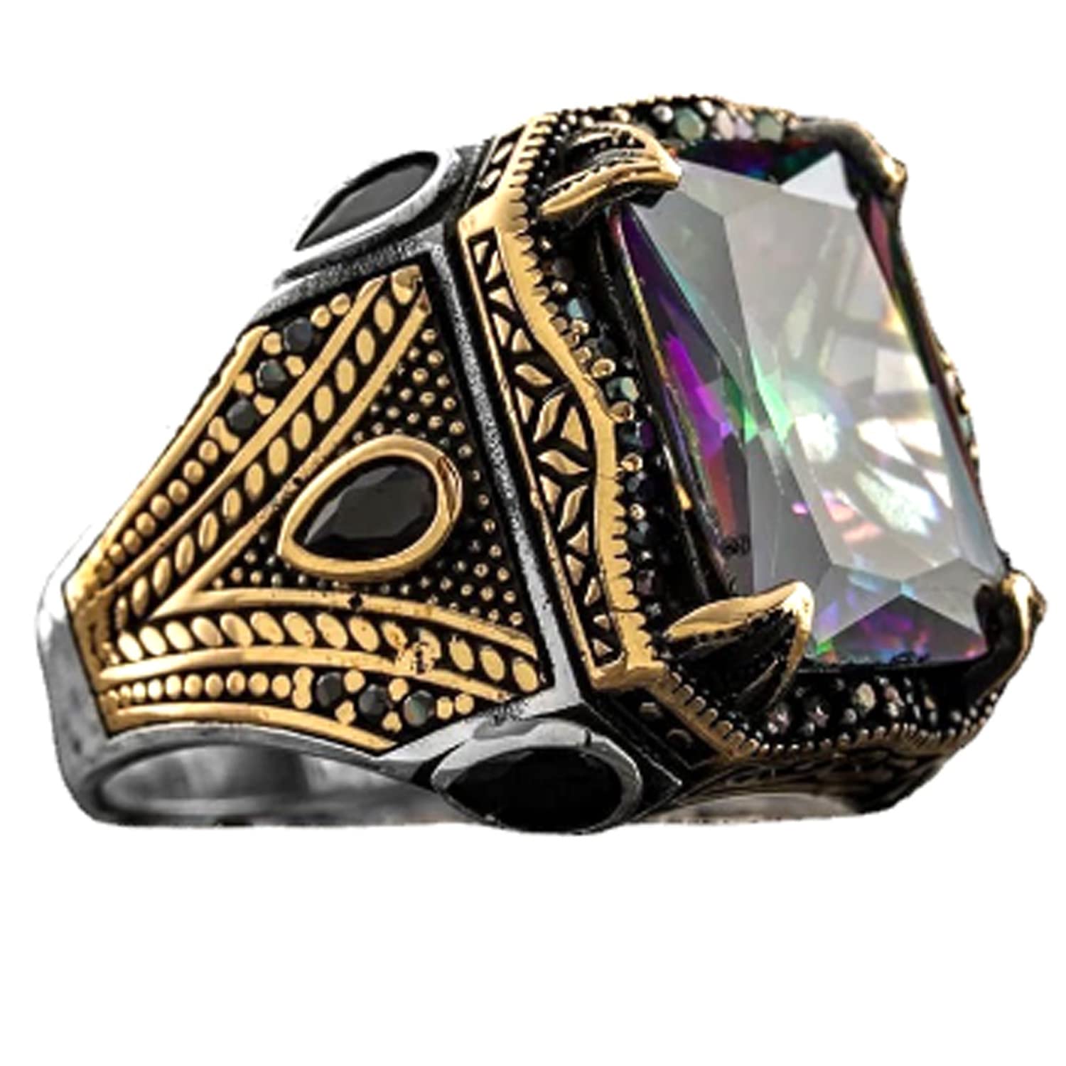 Adjustable Vintage Rectangle Colors Gemstone Cocktail Rings Luxury Crystal Zircon Personalized Statement Party Ring for Men Boy Fashion Jewelry Gifts Gold Silver Two Tone-image-9