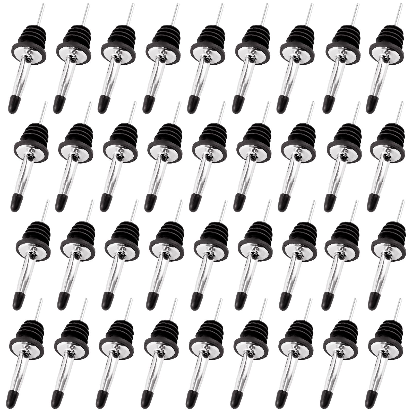 Rainpop Silver Stainless Steel Pourers, Classic Liquor Bottle Pourers For Spirits With Silicone Dust Caps, Tapered Spout Freeflow Liquor Spirits Pourer Suitable For Pours Liquor, Vinegar Syrup Or Olive (36 Pcs)