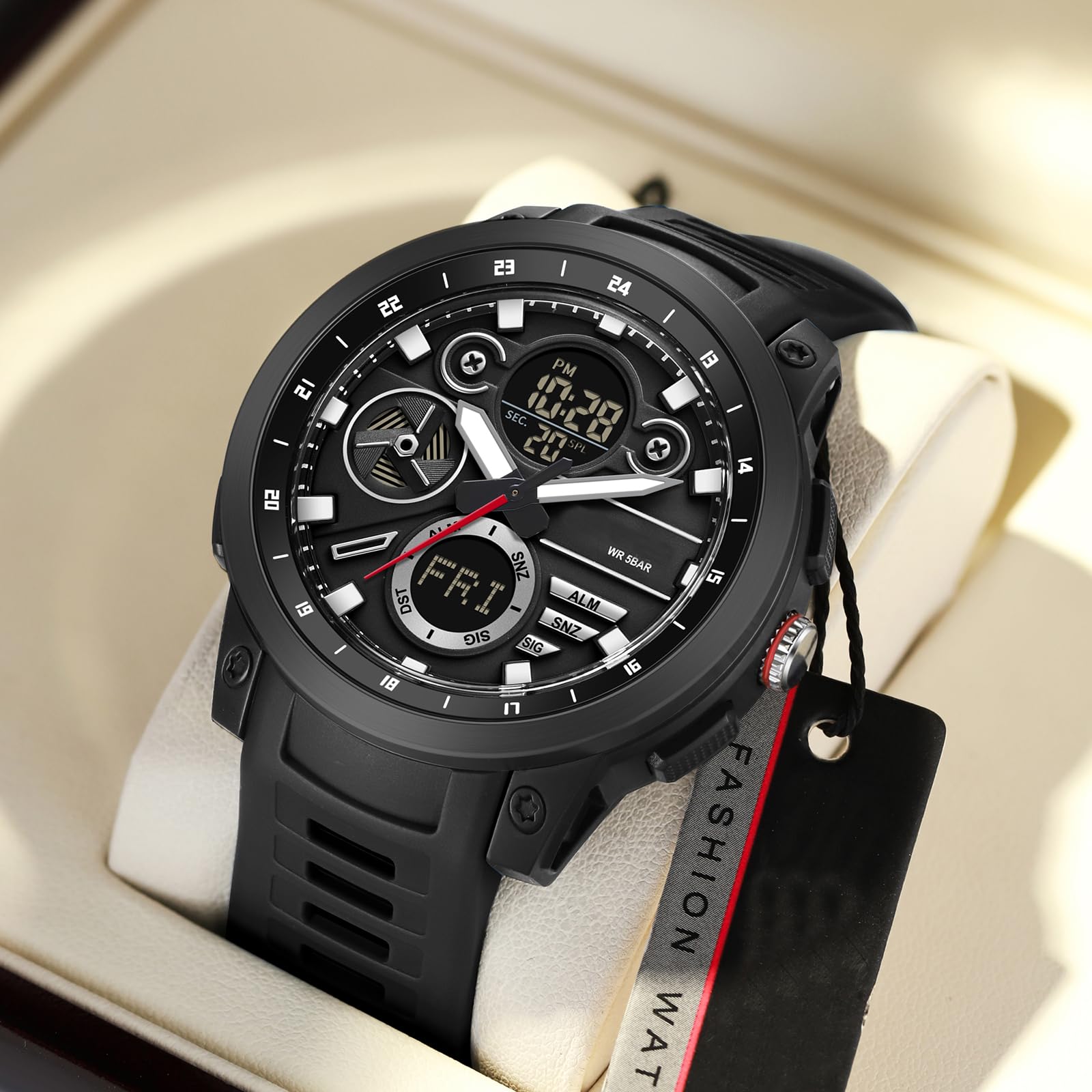 findtime Montre numérique étanche pour homme avec double fuseau horaire, alarme, chronomètre, analogique et numérique, pour garçons et adolescents
