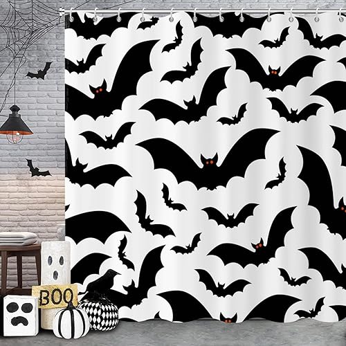 Miniatura 2 de Cortina de ducha de Halloween, con temática de Halloween, diseño de murciélago blanco y negro, decoración de fiesta de Halloween, tela impermeable,