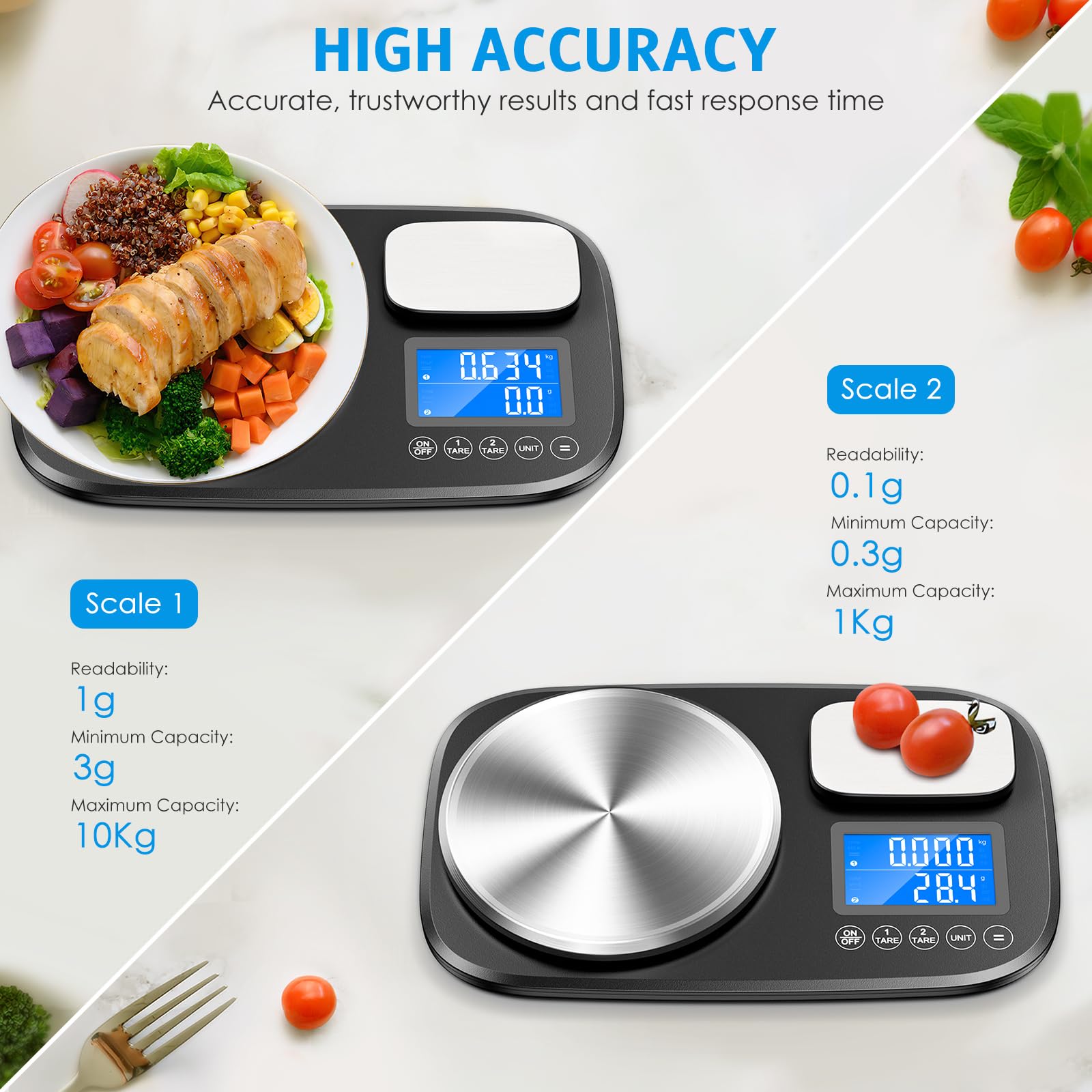 Brifit Bilancia digitale da cucina a doppia piattaforma, 10 kg e 1 kg, display LCD, bilancia per alimenti con due precisione da 1 g e 0,1 g, unità di conversione, bilancia digitale con funzione tara,