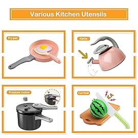 130Pcs Kitchen Playset, Toddler Pretend Cooking Play Pots, Pans, Utensils Cookware, Daily Food Fruit Veges, Shopping Storage Basket, Dessert, Prop Money, Learning Gift for Child (Pink)
