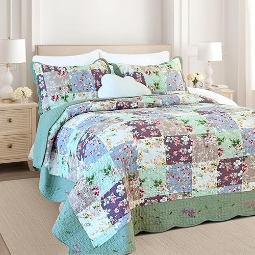 Miniatura 5 de EVENHUG Juego de edredón de retazos de 100% algodón, tamaño Queen, ligero, floral, juego de ropa de cama, colcha reversible con fundas de almohada