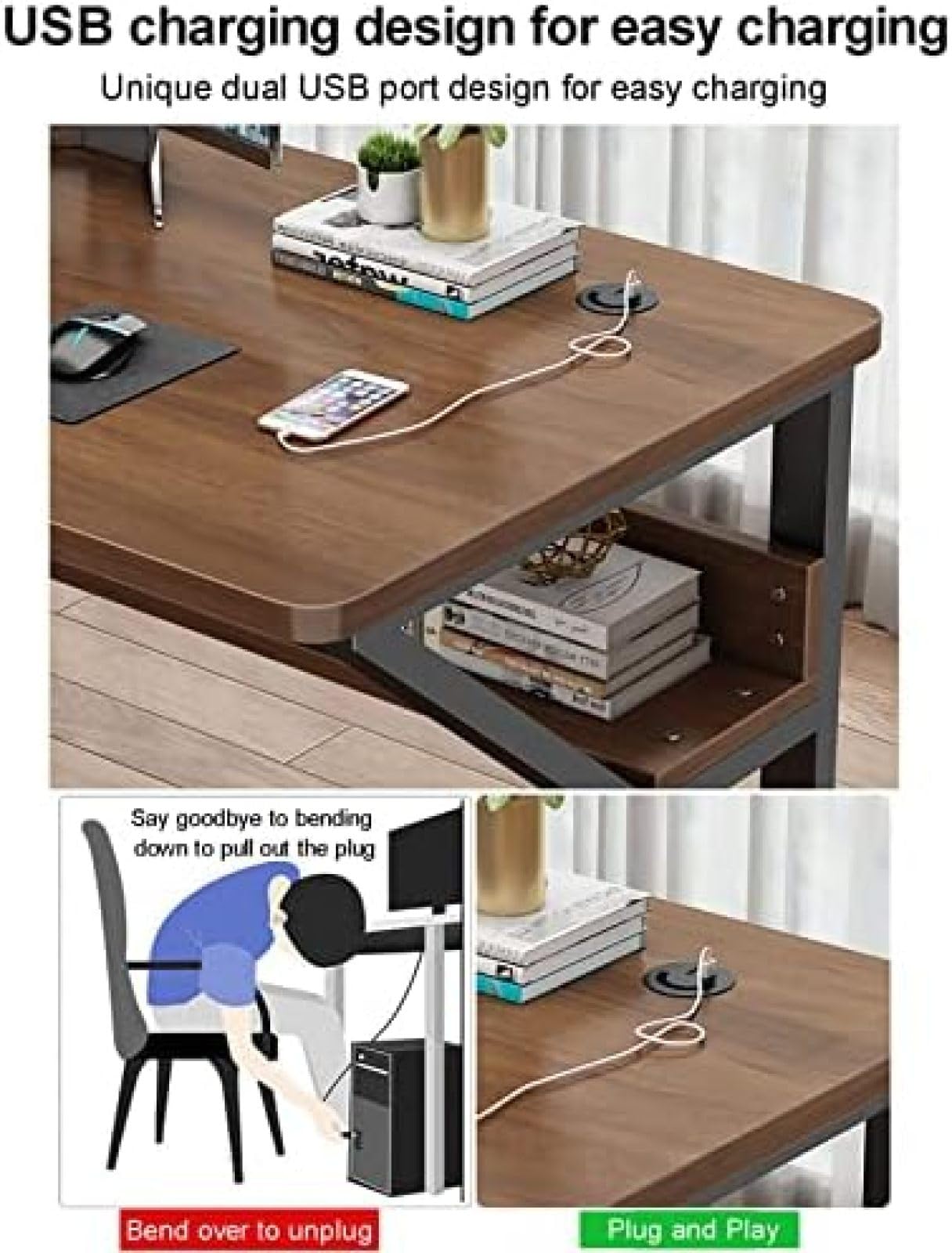 Biurko komputerowe, ergonomiczne biurko do pisania, do domowego biura, z portami USB i zarządzaniem kablami