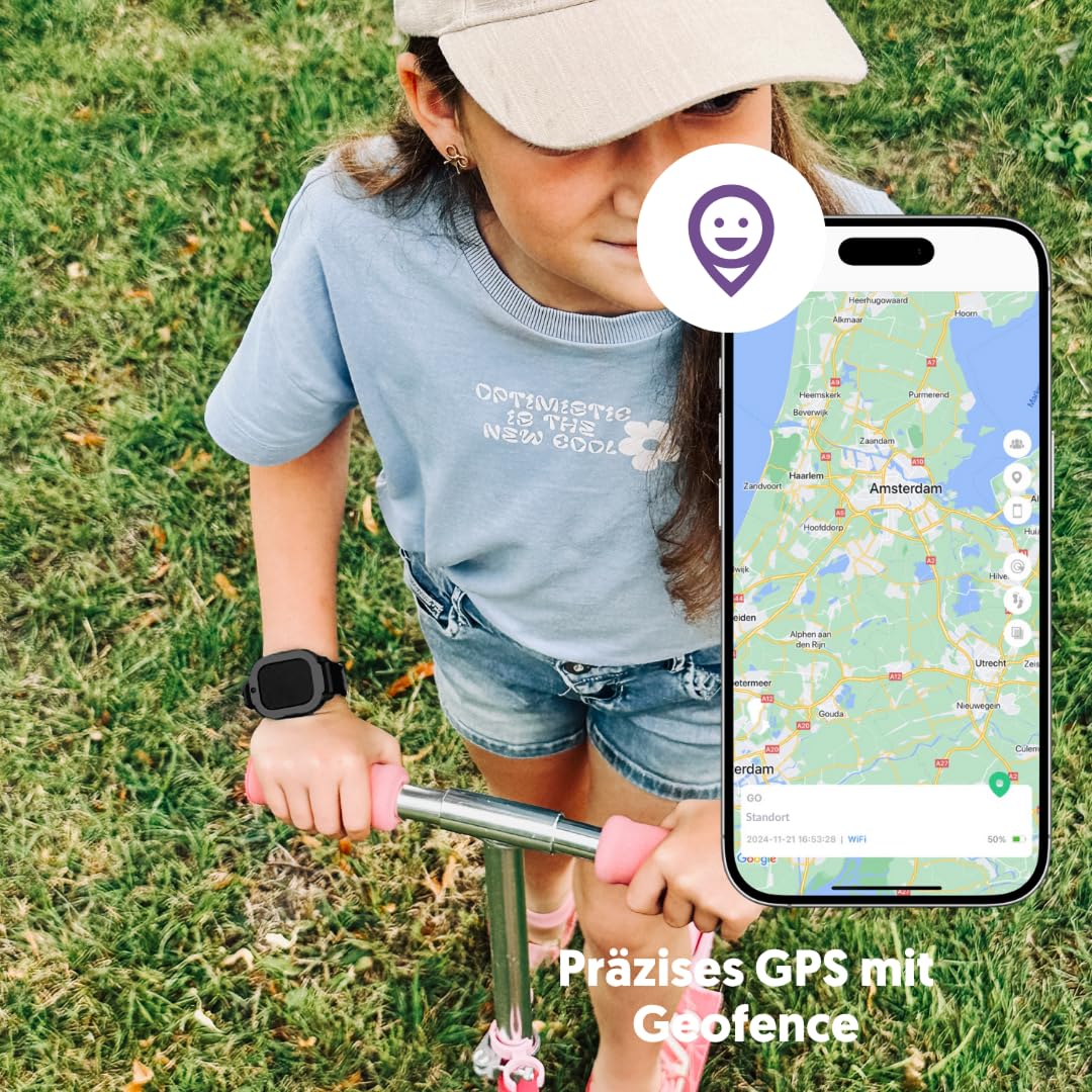 Rebel Cactus Kinder Smartwatch Sky – Moderne Benutzeroberfläche in Schwarz – Kinderuhr mit GPS und größe Speicher, mit einstelbare Zeitlimit und Hintergründe – Wasserdicht (IP67)