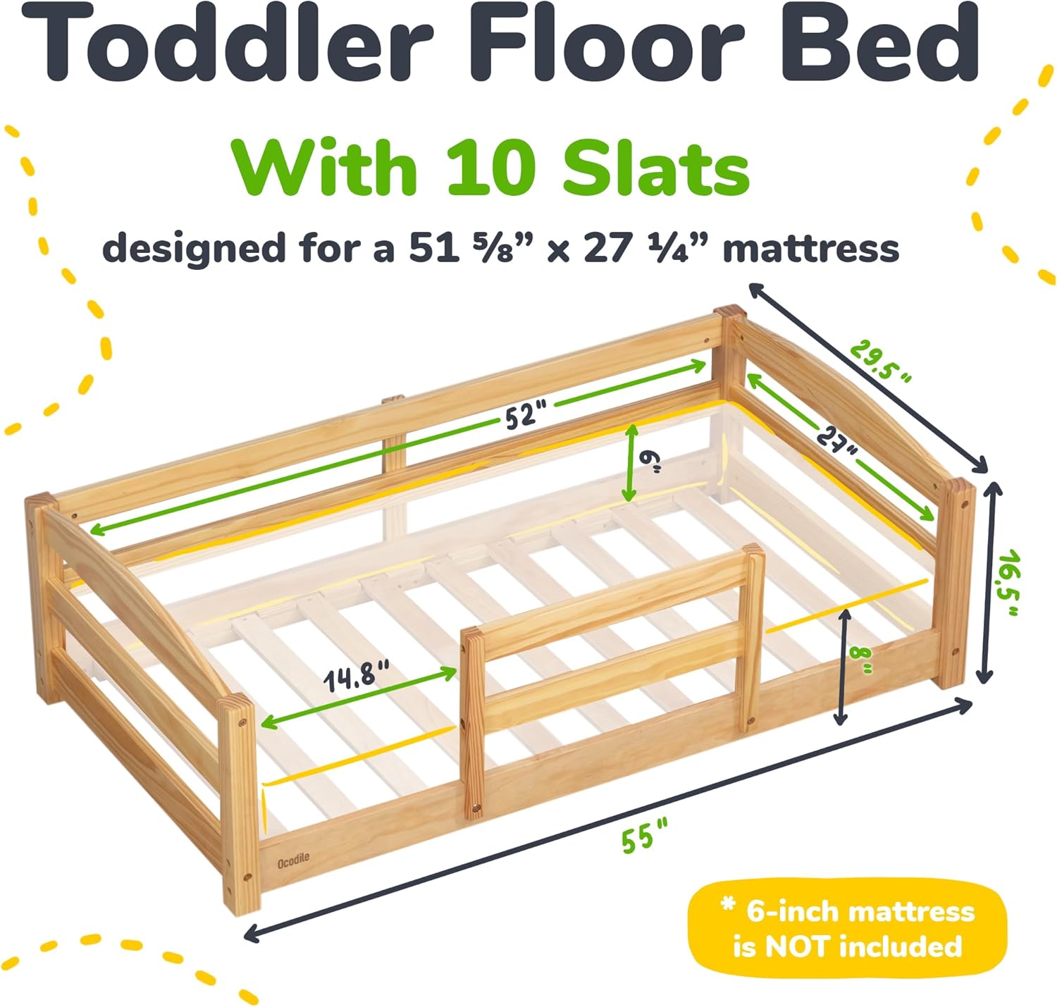 Ocodile Toddler Bed with Rails | Low Montessori Floor Bed Frame for Kids | Standard Crib Size Wooden Frame for Independent Toddlers 1-3 - Varnished