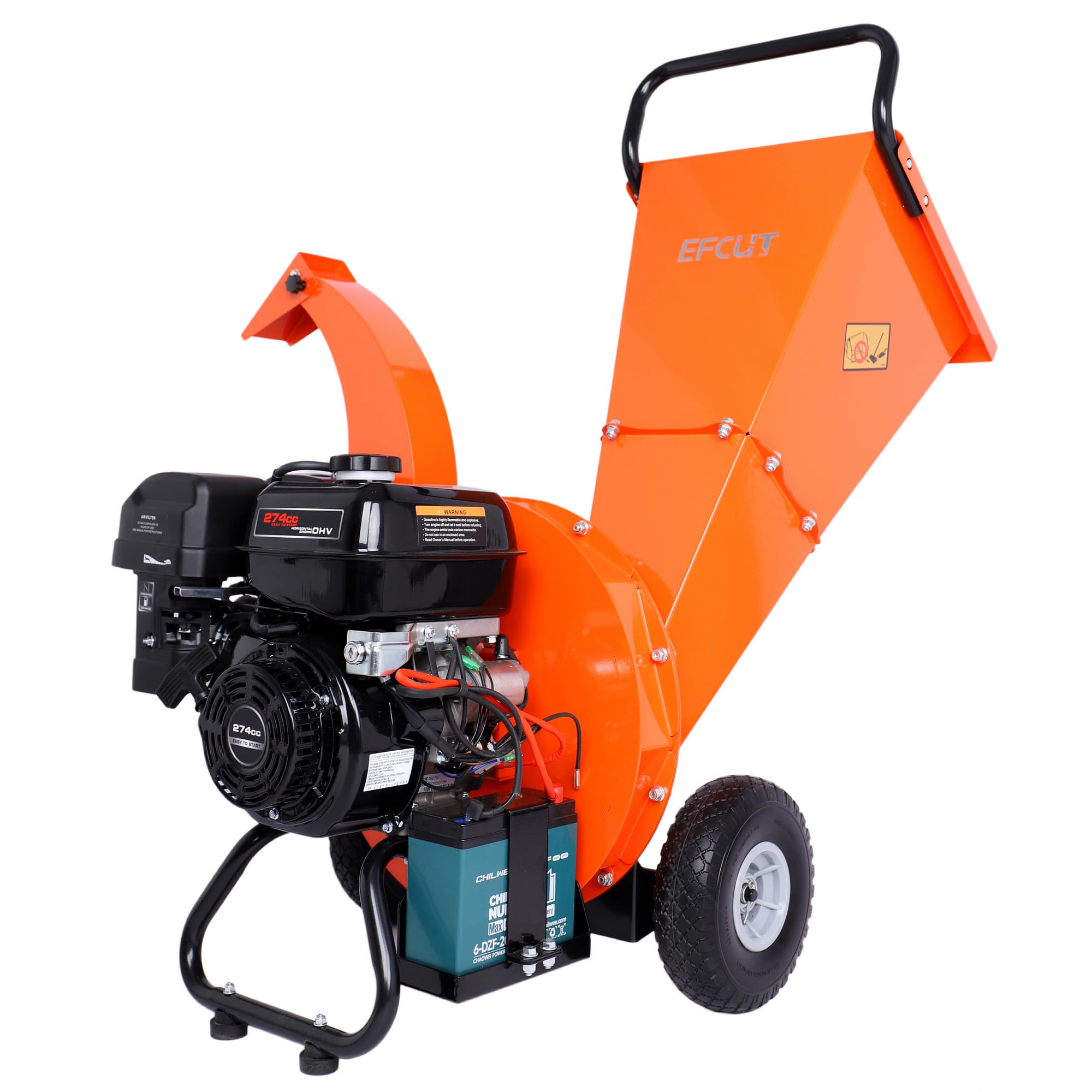 Condition photo showing New/Like New for c40e 4" wood chipper, easy key start, 9hp 274cc gas powered engine, 4 inch max branch capacity, heavy duty shredder mulcher with electric start