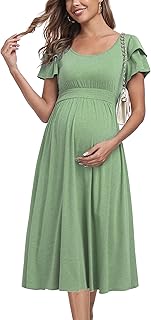 Ruffle Short Sleeve Maternity Dress High Waisted Midi Spring Baby Shower...