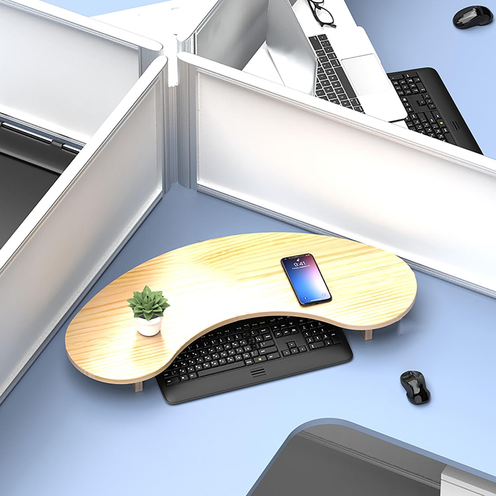 Support moniteur double en bois massif pour angle de bureau de forme arc