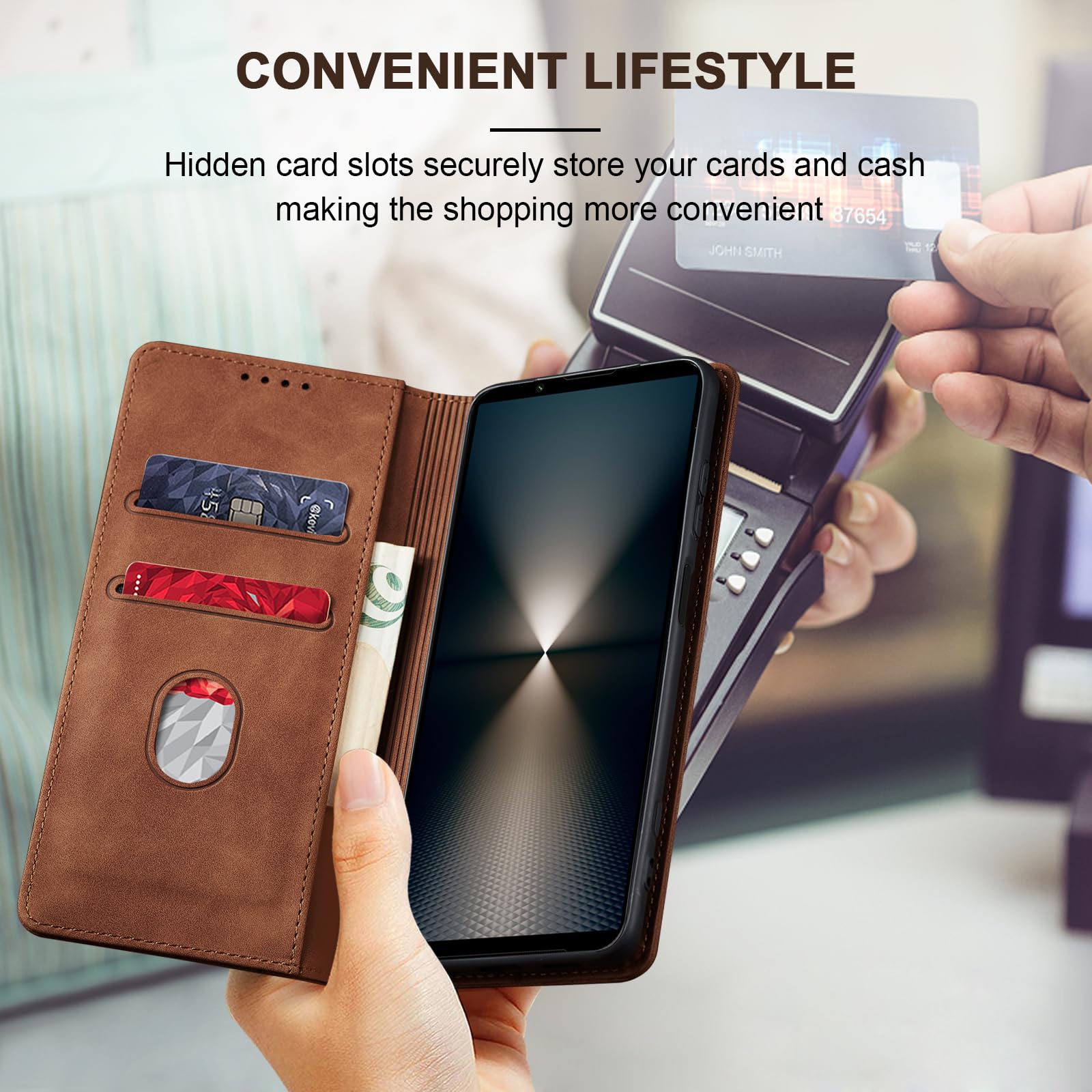 Zip Cover a Libro per Sony Xperia 1 VI Flip Cover con chiusura magnetica, tasca con cerniera, in pelle PU,con 8 scomparti per carte di credito, con Cinturino da Polso Goffrato Fiore