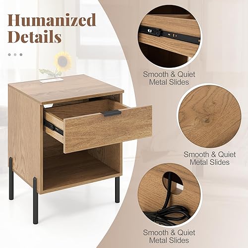 Miniatura 6 de Giantex Mesita de noche moderna de mediados de siglo con estación de carga, juego de 2, mesita de noche con cajón y compartimento abierto, mesa