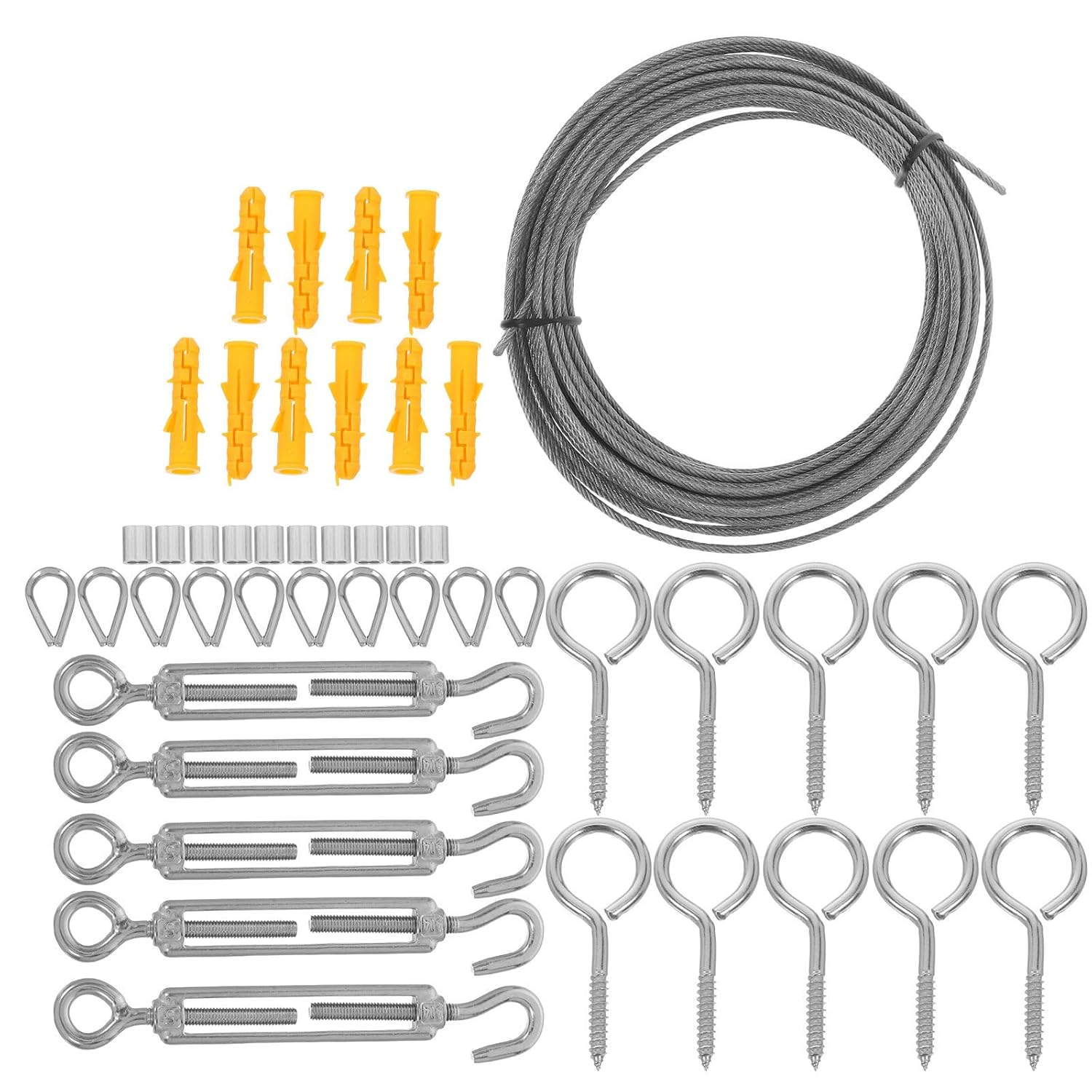 SUPVOX Outdoor String Light Suspension Kit Turnbuckle, Hooks, Crimping Sleeves with Stainless Steel Wire Rope and Thimbles for Secure Lighting Installation in Gardens and Festive Events