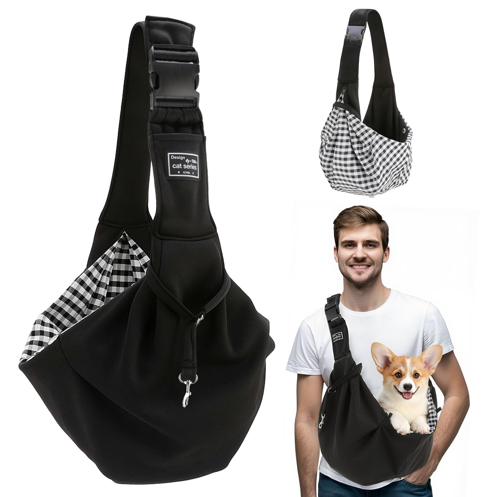 Sac de Transport pour Chien Chat Jusqu’à 7.5 KG, Réglable Sac de Transport avec Corde de Sécurité pour Petit Animaux, Sac à Bandoulière pour L'extérieur, Les Voyages, Le Métro