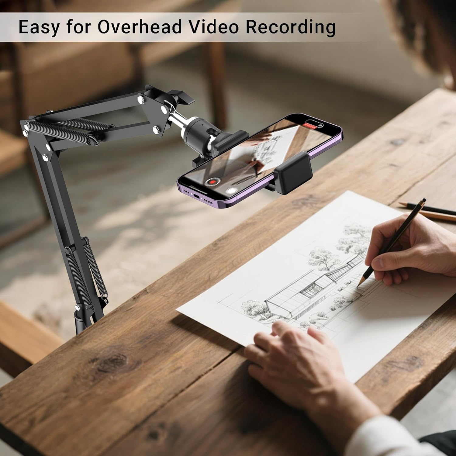 Floor Overhead Phone Mount, Phone Tripod Stand for Video Recording, Arm Holder Compatible with iPhone Camera with 1/4”Screw for Filming, Food Photograhy, Live Content Creation