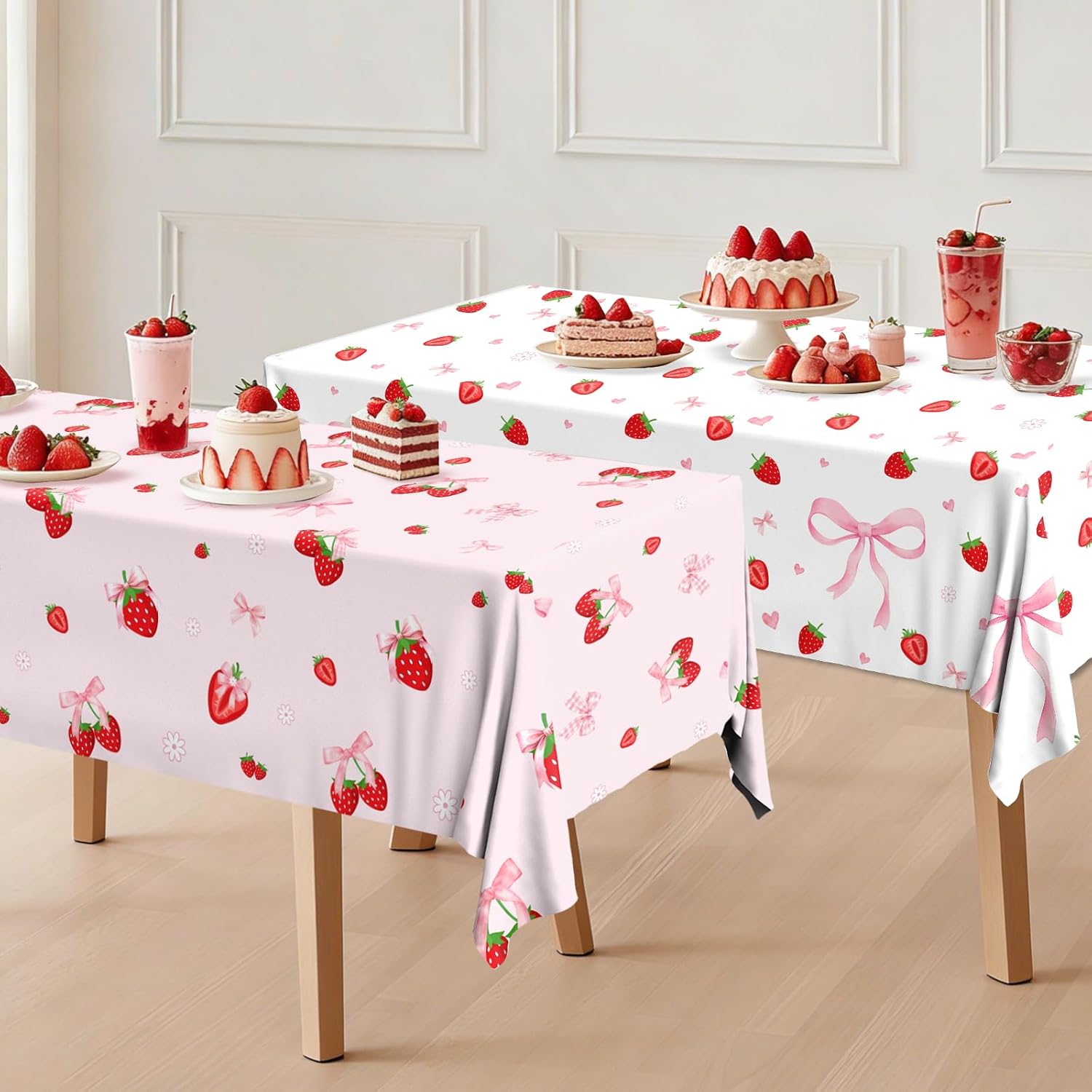 CMUSKO Berry First Birthday Decor - 4Pcs Pink Bow Strawberry Plastic Tablecloths Berry Sweet Table Cover 51 x 87 Inch for Strawberry Birthday Decorations