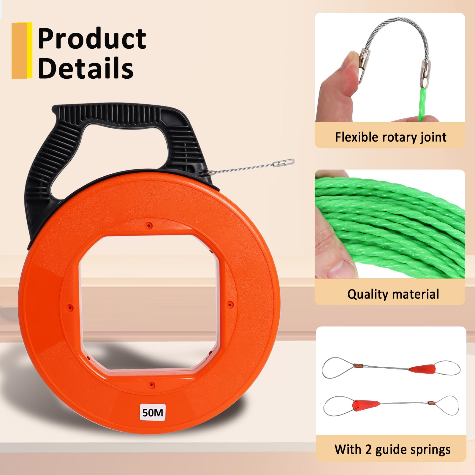 Ayuda cuesta arriba de cable de carbón 50m, 4.5 mm, tirar de la espiral con 2 resortes de guía, alambre de tren con carcasa de plástico y manija, pull en resorte para el cable (naranja)