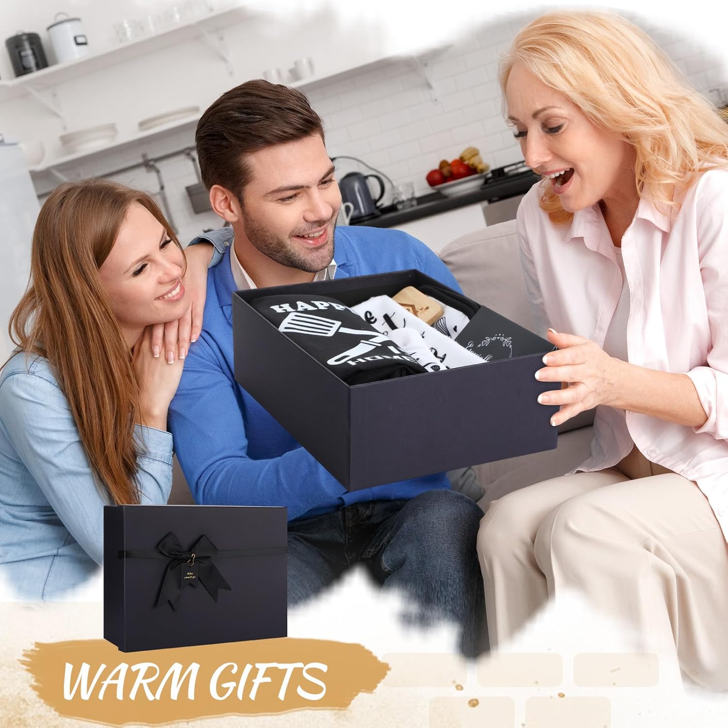 Patelai 17 Pcs House Warming Gifts New Home, Housewarming Gift Basket for New Homeowner Sweet Couples Home Supplies Include Apron Bamboo Spoons Cutting Board Gloves Cards with Black Present Box