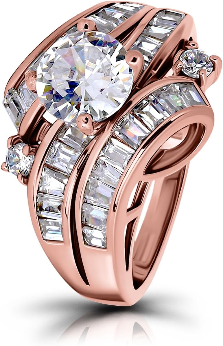 Hoops & Loops 925 Sterling Silver Cubic Zirconia Channel Set Triple Row Stunning Fashion Statement Wedding Bridal Anniversary Ring for Women, Silver, Yellow Gold